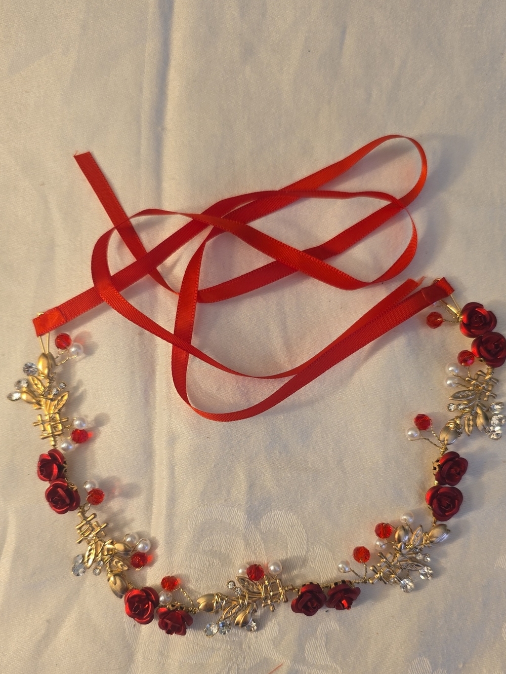 Red Floral Ribbon Headpiece, Belt, Necklace, Many Uses New